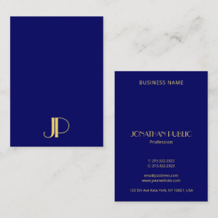 Tarjeta De Visita Plantilla de monograma de oro elegante Navy vertic