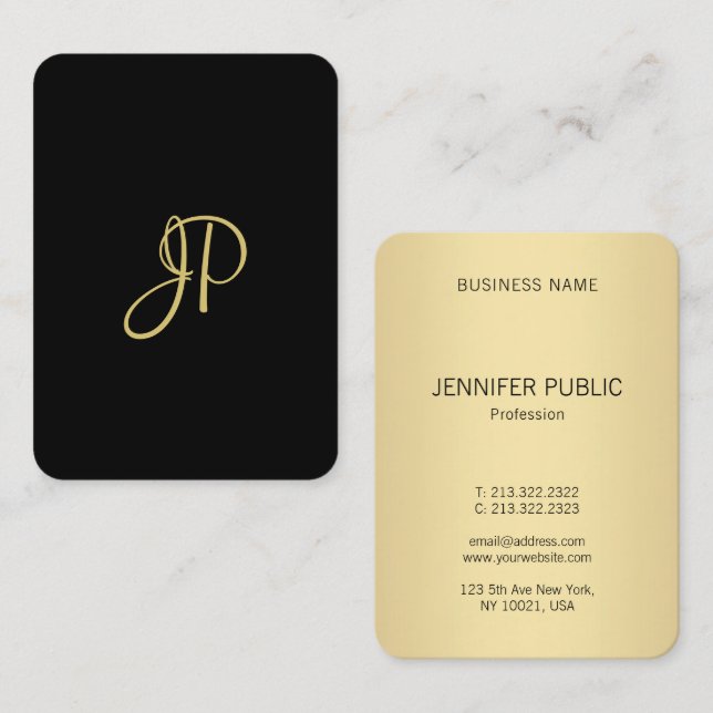 Tarjeta De Visita Plantilla de Monograma Moderno Dorado Personalizad (Anverso / Reverso)