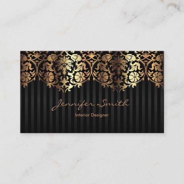 Tarjeta De Visita Plantilla elegante del negro del damasco del oro (Anverso)