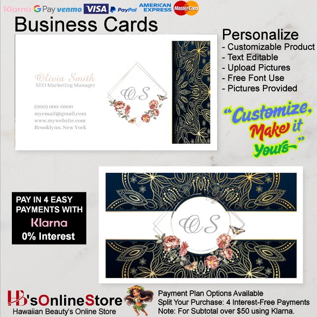 Tarjeta De Visita Plantilla floral elegante personalizable 13 (Customizable Elegant Floral Template Business Card 13.)
