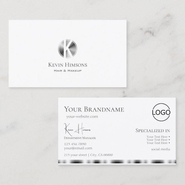 Tarjeta De Visita Plata blanca y simple clásica con monograma y logo (Anverso / Reverso)