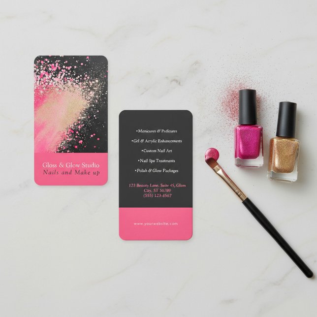 Tarjeta De Visita Plata de Purpurina rosa y negro (Pink, Black and Gold Glitter Splatter Business Card.)