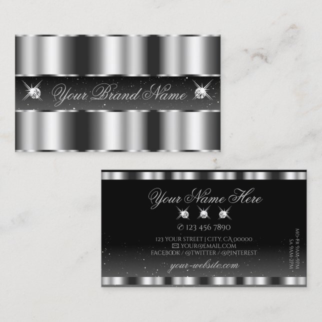 Tarjeta De Visita Plata Glamorosa Negro Esparcen Diamantes Estilosos (Anverso / Reverso)