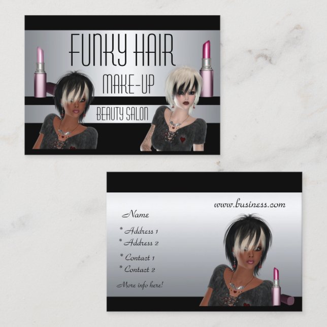 Tarjeta de visita Plata Negro Cabello Maquillaje B (Anverso / Reverso)