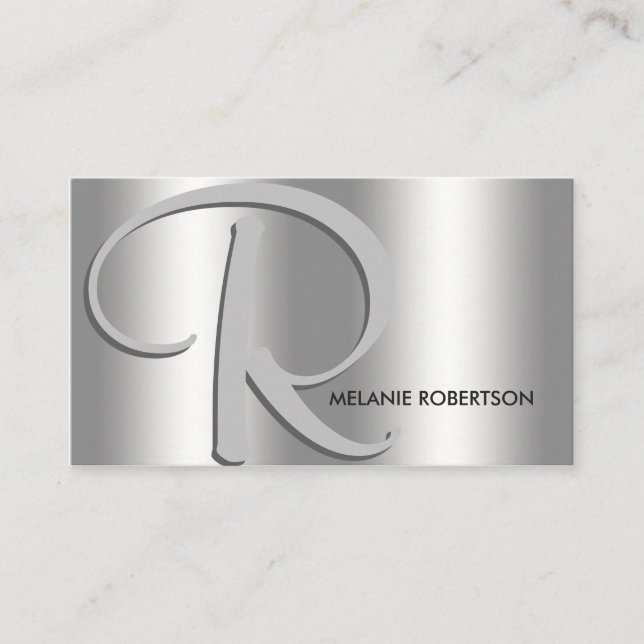Tarjeta De Visita Plata simple elegante en Monograma de guión platea (Anverso)