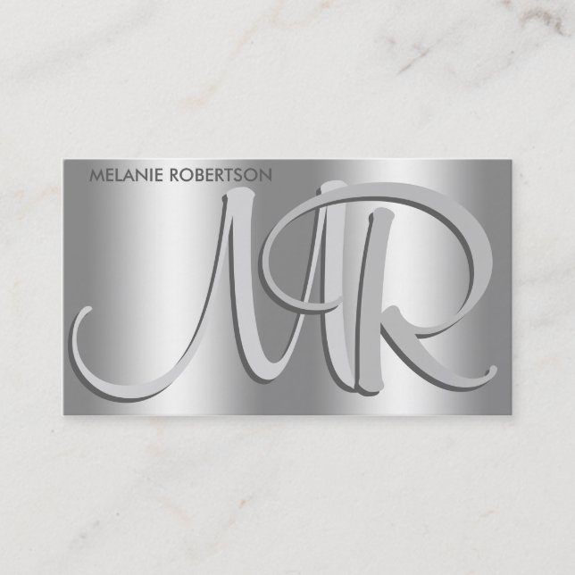 Tarjeta De Visita Plata simple elegante en Monograma de guión platea (Anverso)