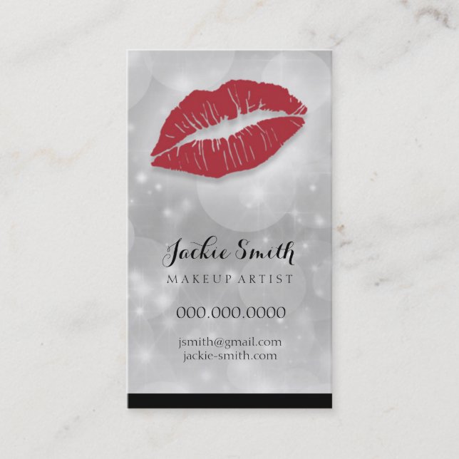 Tarjeta De Visita Plata y brillante elegantes con los labios rojos (Anverso)