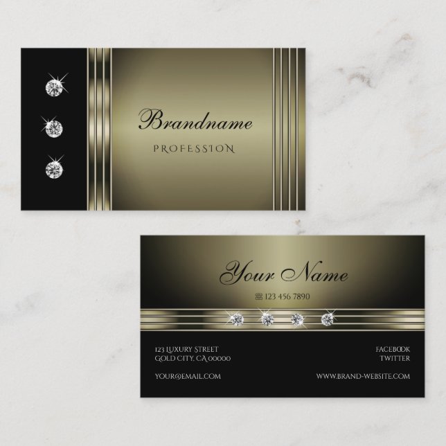 Tarjeta De Visita Plata y negro extravagantes con Diamantes de imita (Anverso / Reverso)