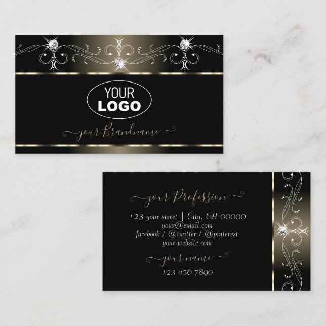 Tarjeta De Visita Platinum Negro Squiggles Joyas con logotipo (Anverso / Reverso)