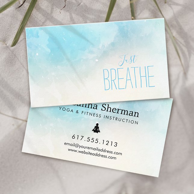 Tarjeta De Visita Playa acuarela respira yoga y bienestar (Watercolor Beach Just Breathe Yoga and Wellness Business Card)