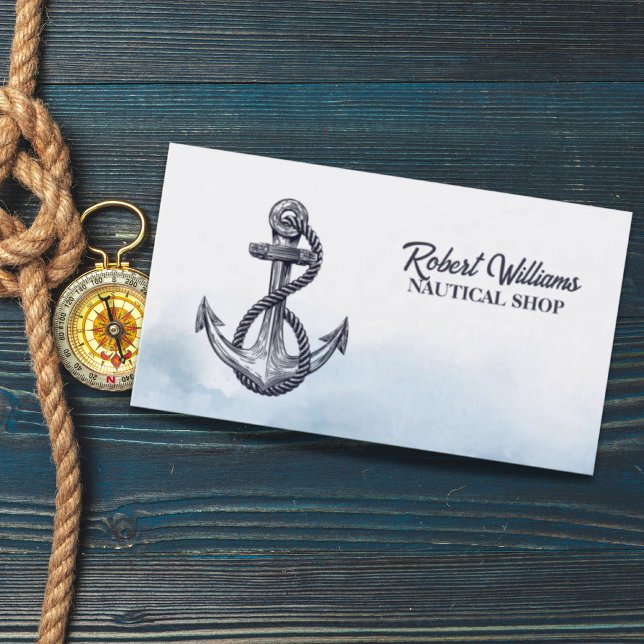 Tarjeta De Visita Playa Costera Azul Yate Barco Anclador Náutico (Coastal Beach Blue Yacht Boat Ship Anchor Nautical Business Card)