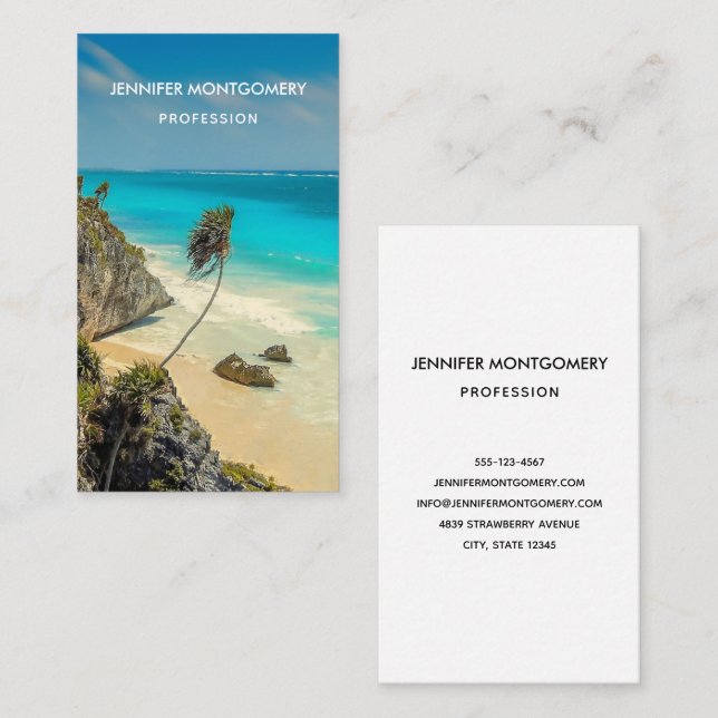 Tarjeta De Visita Playa tropical con palmeras barridas de viento (Anverso / Reverso)
