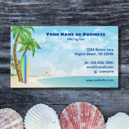 Tarjeta De Visita Playa tropical de Surfboard y Palmeras
