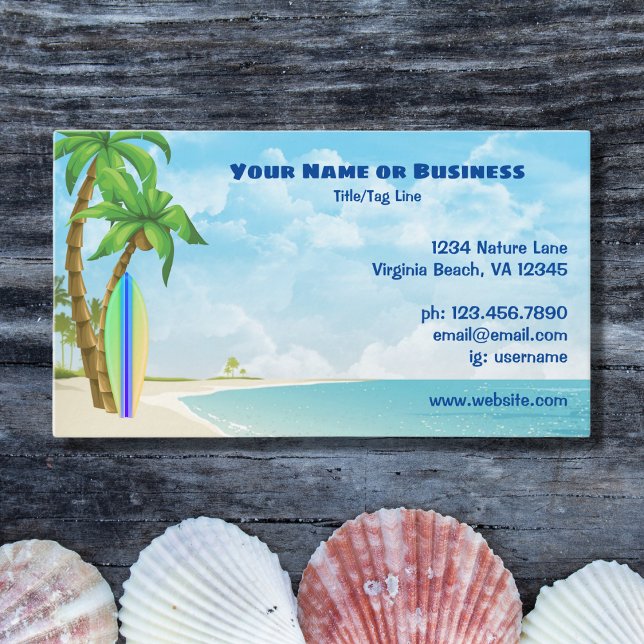 Tarjeta De Visita Playa tropical de Surfboard y Palmeras (Front - Surfboard and Palm Trees Tropical Beach Business Card)