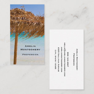 Tarjeta De Visita Playa Tropical Escénica con Sombrilla de Paja