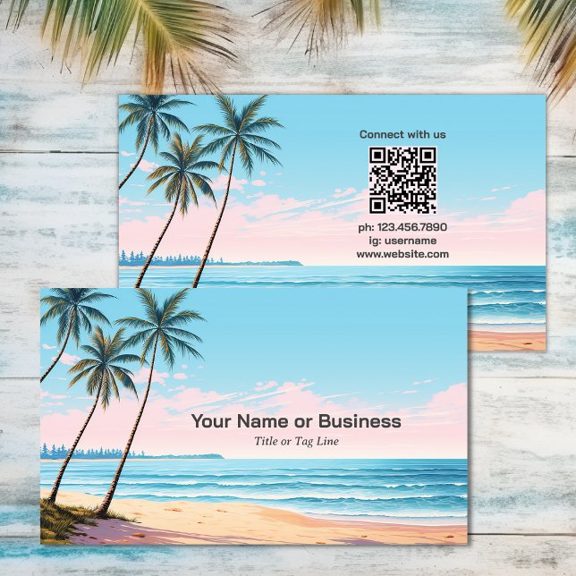 Tarjeta De Visita Playa y palmeras con código QR Tropical (Beach and Palm Trees with QR Code Tropical Business Card)