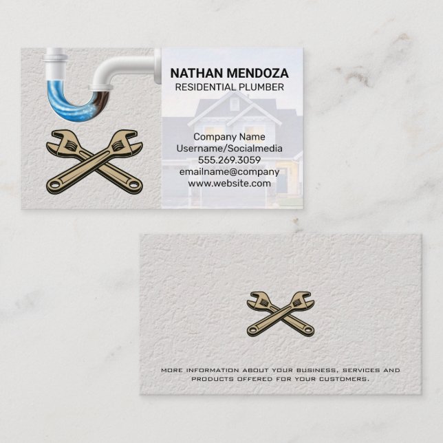 Tarjeta De Visita Plomero residencial | Tuberías obstruidas | Wrench (Anverso / Reverso)