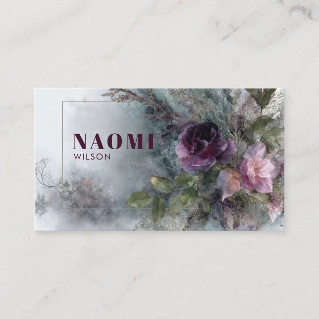 Tarjeta De Visita Plum Purple Rose Floral and Misty Garden (Anverso)