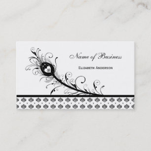 Tarjeta De Visita Pluma blanco y negro elegante del pavo real del