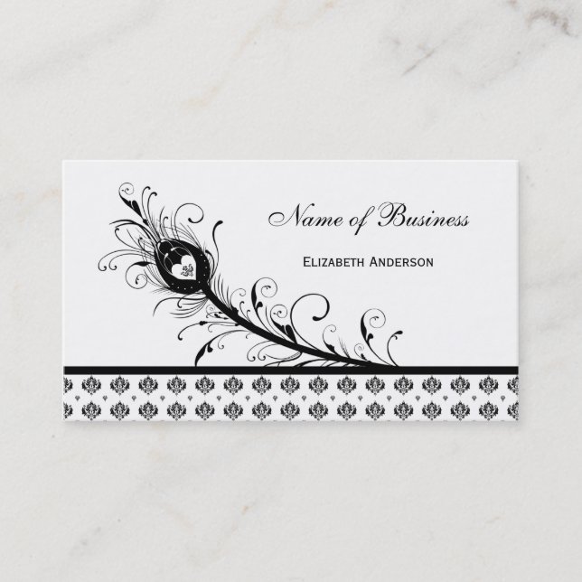 Tarjeta De Visita Pluma blanco y negro elegante del pavo real del (Anverso)