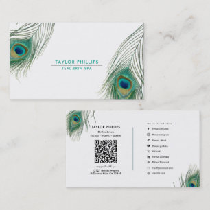 Tarjeta De Visita Pluma de Pavo Real Boho Elegante