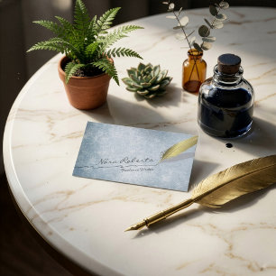 Tarjeta De Visita Pluma de pluma de oro dibujada a mano Línea Azul G