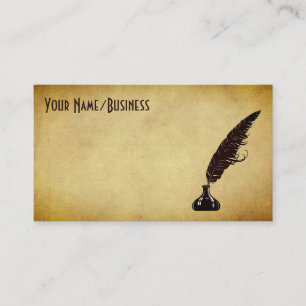 Tarjeta De Visita Pluma de Quill de época dorada y pozo de tinta