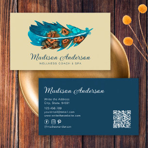 Tarjeta De Visita Pluma elegante azul terracota boho acuarela