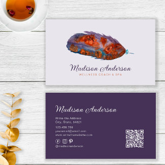 Tarjeta De Visita Pluma elegante de terracota púrpura boho acuarela