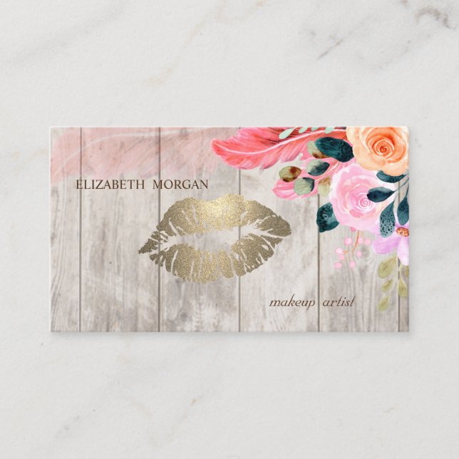 Tarjeta De Visita Pluma floral profesional, labios, textura de mader (Anverso)