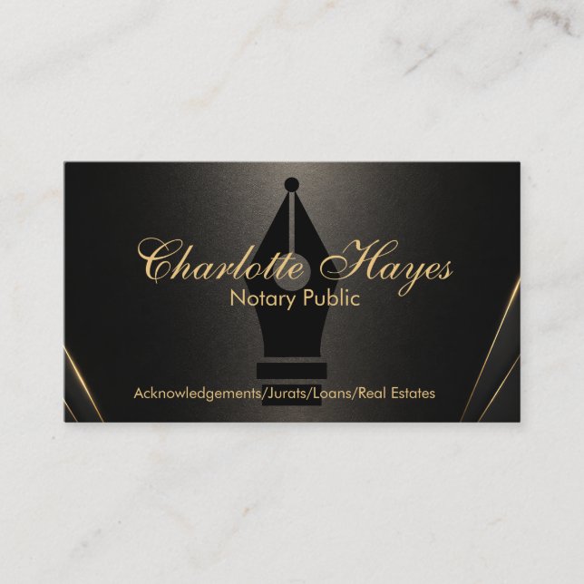 Tarjeta De Visita Pluma Notarial de Nib Elegante de Oro Script (Anverso)