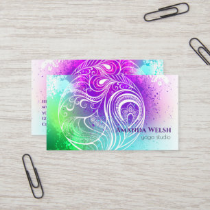 Tarjeta De Visita Plumaje abstracto vibrante colorido púrpura verde
