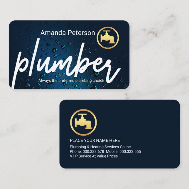 Tarjeta De Visita Plumber Signage In Blue Waterdrops (Anverso / Reverso)