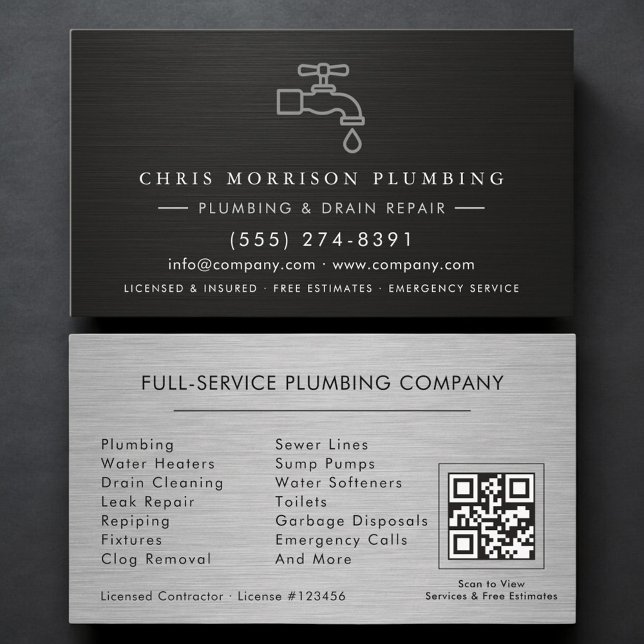 Tarjeta De Visita Plumbing Company QR Code Silver Black Metallic  (Subido por el creador)
