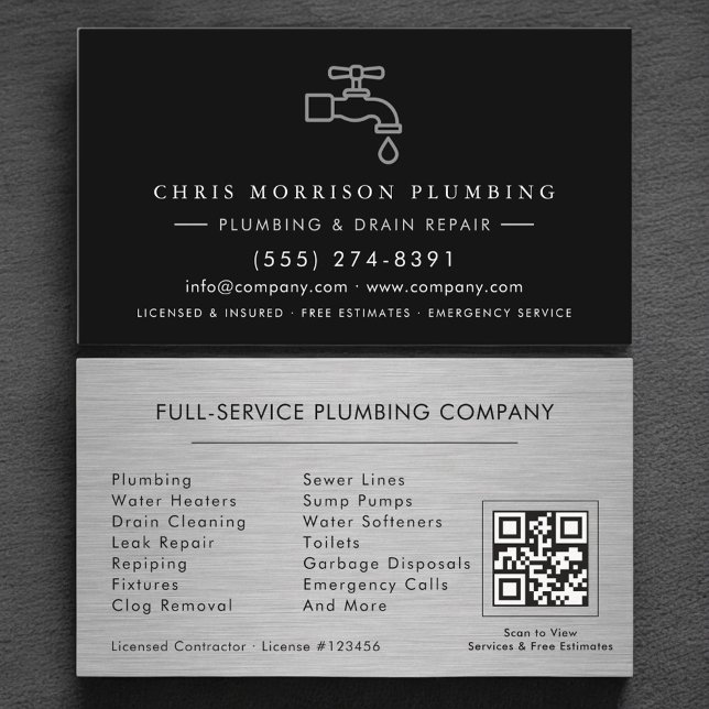 Tarjeta De Visita Plumbing Company Silver Metallic QR Code (Subido por el creador)