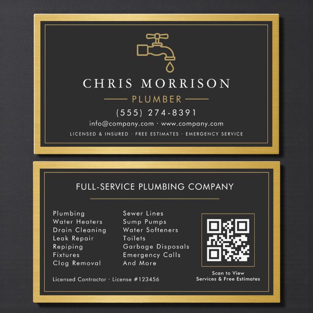 Tarjeta De Visita Plumbing Contractor Modern Metallic QR Code (Subido por el creador)