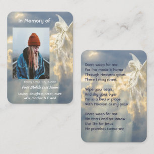 Tarjeta De Visita Poema cristiano recuerdo memorial Ángel cielo nube