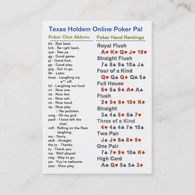 Tarjeta De Visita Póker en línea PAL de Tejas Holdem (Anverso)