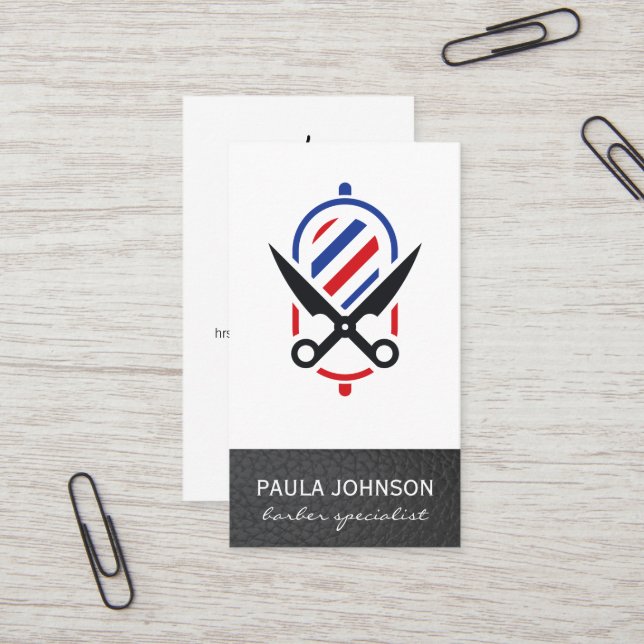 Tarjeta De Visita Polo de barbero y tijera | Cuero (Anverso/Reverso In Situ)