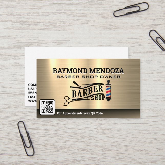 Tarjeta De Visita Polo y herramientas de barbero | Dorado metalizado (Anverso/Reverso In Situ)