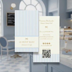 Tarjeta De Visita Polvo Francés Rayas Azules Elegante Panadería QR