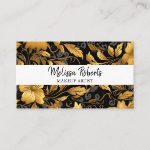 Tarjeta De Visita Polvoriento floral negro y oro foto del logo de QR