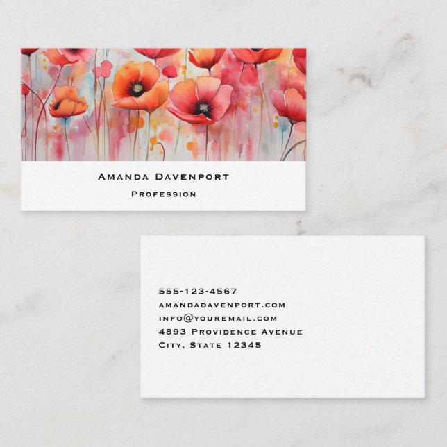Tarjeta De Visita Poppies rojos en una acuarela de campo (Anverso / Reverso)