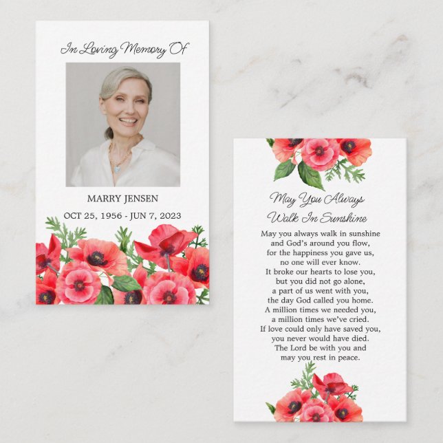 Tarjeta De Visita Poppy Memorial Photo Funeral Prayer Card (Anverso / Reverso)