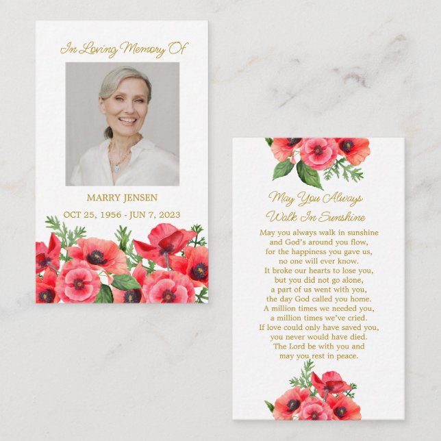 Tarjeta De Visita Poppy Memorial Photo Funeral Prayer Card (Anverso / Reverso)