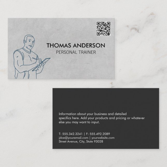 Tarjeta De Visita Portapapeles del entrenador de fitness | Código QR (Anverso / Reverso)