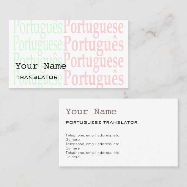 Tarjeta de visita portuguesa del traductor o del (Anverso / Reverso)