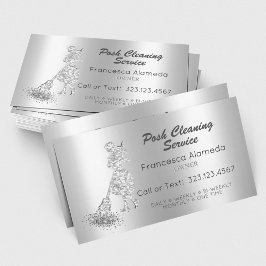 Tarjeta De Visita Posh Cleaning Service Metallic Silver Glitter Maid