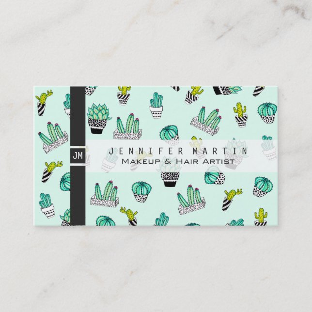 Tarjeta De Visita Potes blancos y negros del cactus de la acuarela (Anverso)