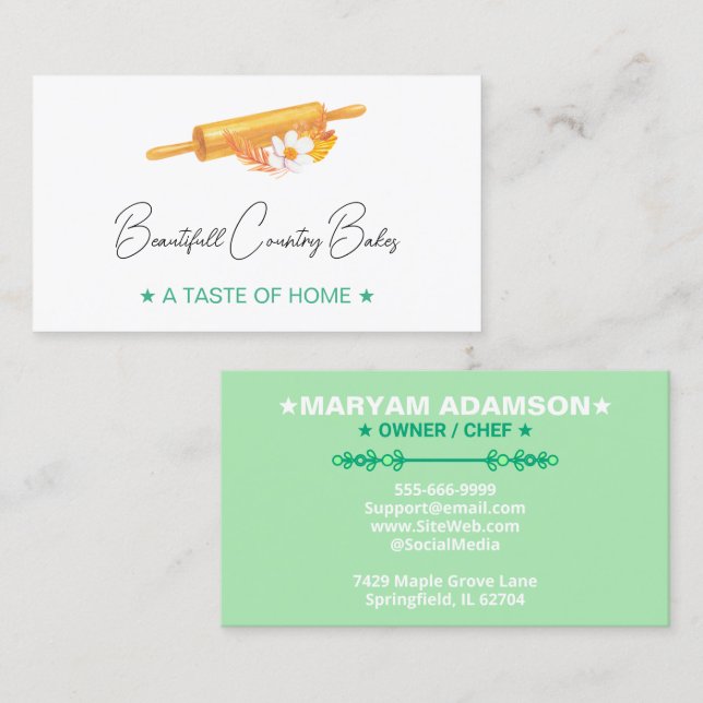 Tarjeta De Visita Premade Rolling Pin Logo | White Mint Green Bakery (Anverso / Reverso)